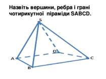 Назвіть вершини, ребра і грані чотирикутної піраміди SABCD.
