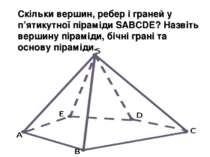 Скільки вершин, ребер і граней у п’ятикутної піраміди SABCDE? Назвіть вершину...