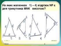 На яких малюнках 1) – 4) відрізок NP є для трикутника MNK висотою?