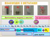 Витісняють водень з кислот Li, K, Ba, Ca, Mg, Al, Mn, Zn, Fe, Sn, Pb (H2) Cu,...