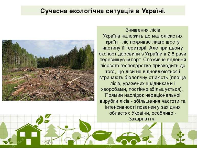 Сучасна екологічна ситуація в Україні. Знищення лісів Україна належить до мал...