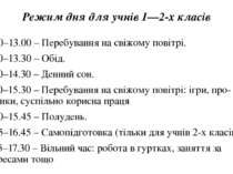 Режим дня для учнів 1—2-х класів 12.30–13.00 – Перебування на свіжому повітрі...