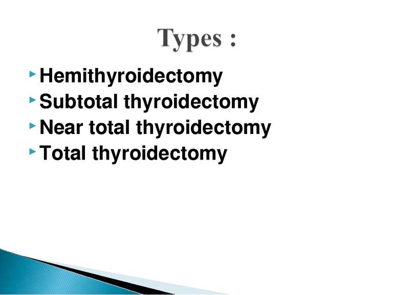 Hemithyroidectomy Subtotal thyroidectomy Near total thyroidectomy Total thyro...