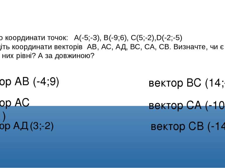 Практичний блок «Перевір себе» Маємо координати точок:  A(-5;-3), B(-9;6), C(...