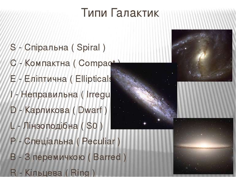Типи Галактик S - Спіральна ( Spiral ) C - Компактна ( Compact ) E - Еліптичн...