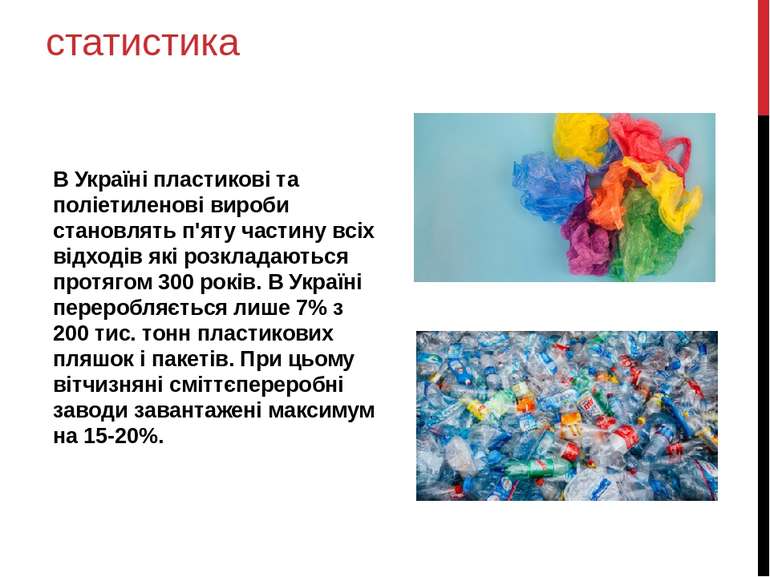статистика В Україні пластикові та поліетиленові вироби становлять п'яту част...