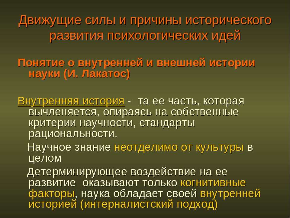 История внешней. Причины исторического развития психологических идей. Внешняя история науки. Внешняя история науки черты. Внутренняя история науки Лакатос.