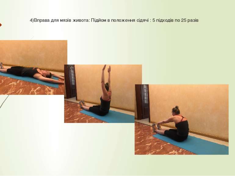 4)Вправа для мязів живота: Підйом в положення сідячі : 5 підходів по 25 разів