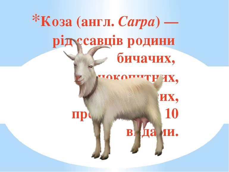 Коза (англ. Carpa) — рід ссавців родини бичачих, парнокопитних, полорогих, пр...