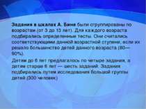 Задания в шкалах А. Бине были сгруппированы по возрастам (от 3 до 13 лет). Дл...