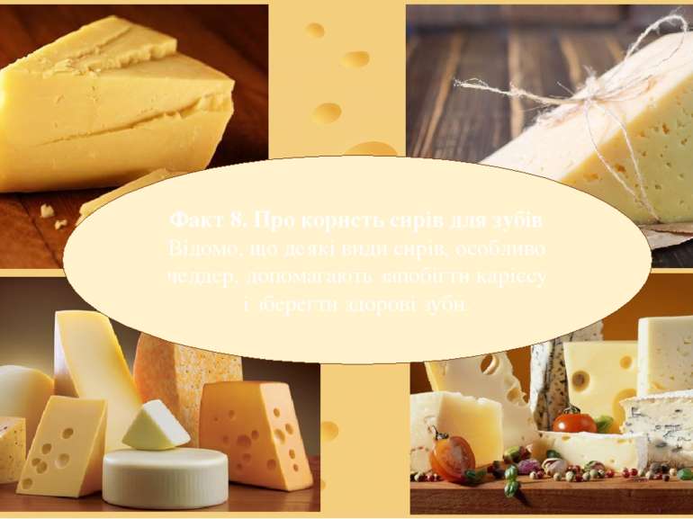 Факт 8. Про користь сирів для зубів Відомо, що деякі види сирів, особливо чед...