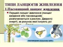 ТИПИ ЛАНЦЮГІВ ЖИВЛЕННЯ 1.Пасовищний ланцюг живлення Перший ланцюг живлення (л...