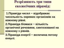 Розрізняють три типи екологічних пірамід: 1.Піраміда чисел − відображає чисел...