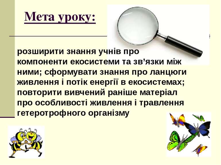 Мета уроку: розширити знання учнів про компоненти екосистеми та зв’язки між н...