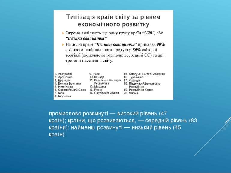 промислово розвинуті — високий рівень (47 країн); країни, що розвиваються, — ...