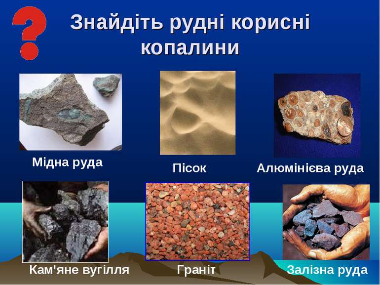 Знайдіть рудні корисні копалини Мідна руда Залізна руда Алюмінієва руда Пісок...