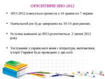 ОРІЄНТИРИ ЗНО-2012 ЗНО-2012 планується провести з 14 травня по 7 червня Навча...