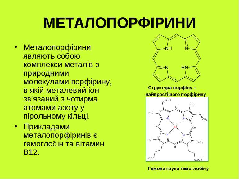 МЕТАЛОПОРФІРИНИ Металопорфірини являють собою комплекси металів з природними ...