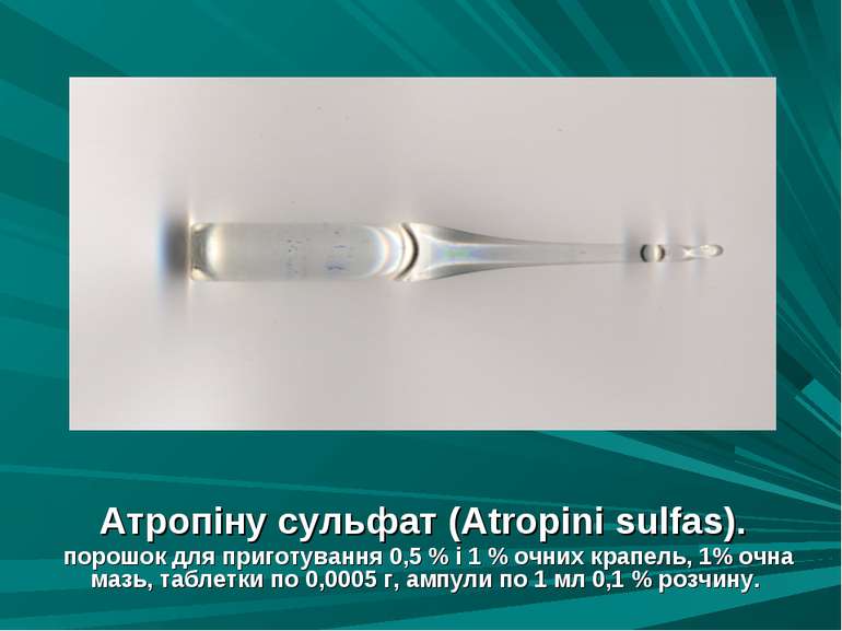 Атропіну сульфат (Atropini sulfas). порошок для приготування 0,5 % і 1 % очни...