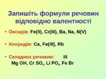 Запишіть формули речовин відповідно валентності Оксидів: Fe(II), Cr(III), Ba,...