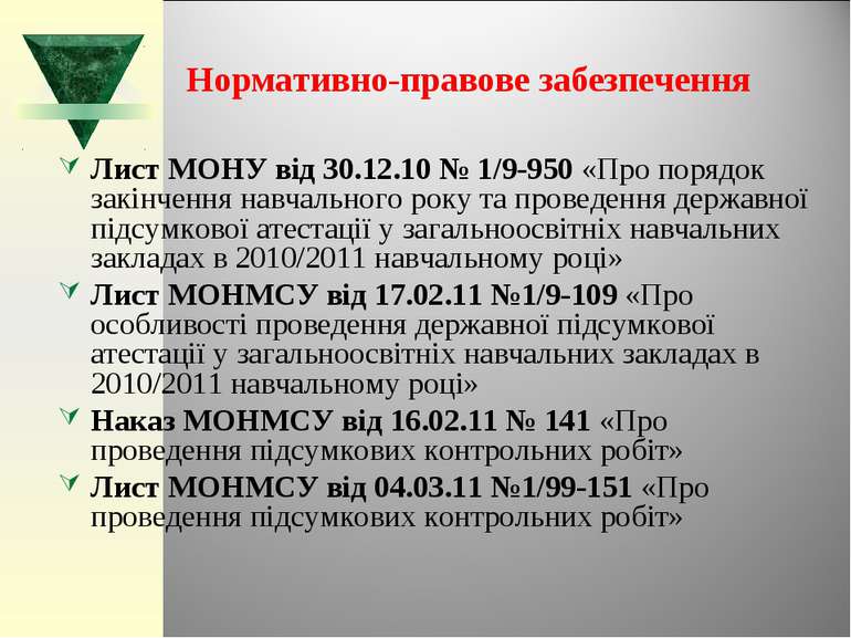 Нормативно-правове забезпечення Лист МОНУ від 30.12.10 № 1/9-950 «Про порядок...