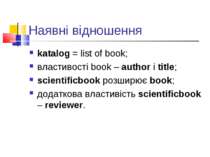 Наявні відношення katalog = list of book; властивості book – author і title; ...
