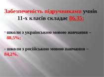Забезпеченість підручниками учнів 11-х класів складає 86,35: школи з українсь...