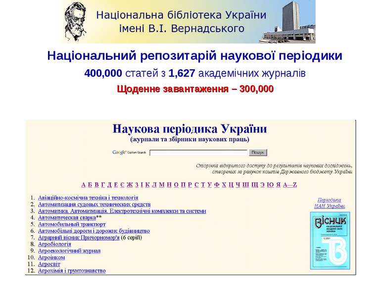Національний репозитарій наукової періодики 400,000 статей з 1,627 академічни...