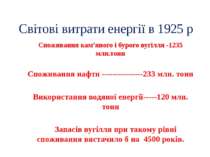 Світові витрати енергії в 1925 р Споживання кам’яного і бурого вугілля -1235 ...