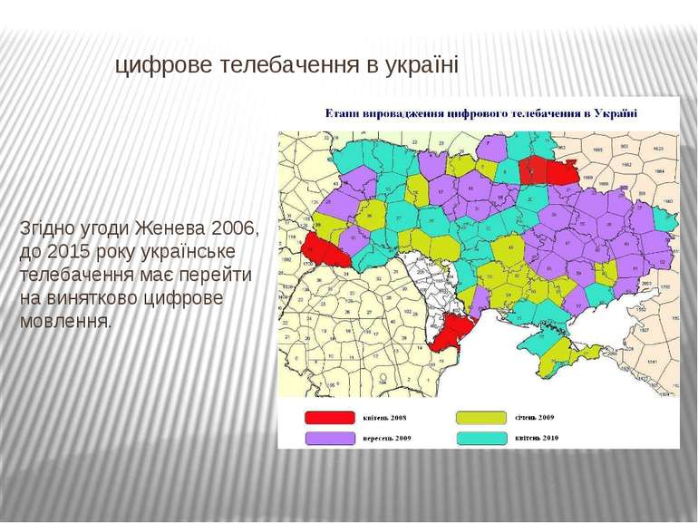 цифрове телебачення в україні Згідно угоди Женева 2006, до 2015 року українсь...
