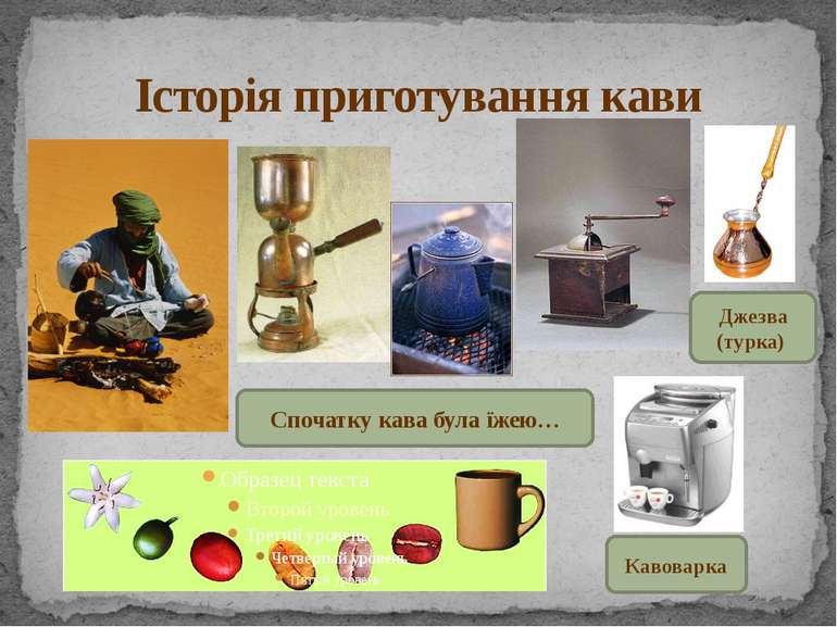 Історія приготування кави Кавоварка Джезва (турка) Спочатку кава була їжею…