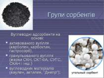Групи сорбентів Вуглеводні адсорбенти на основі: активованого вугілля (карбол...