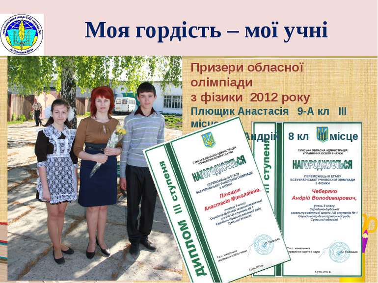 Моя гордість – мої учні Призери обласної олімпіади з фізики 2012 року Плющик ...