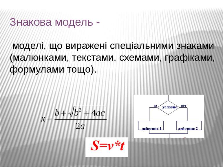 Знакова модель - моделі, що виражені спеціальними знаками (малюнками, текстам...