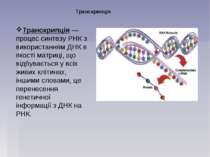 Транскрипція Транскрипція — процес синтезу РНК з використанням ДНК в якості м...