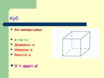 Куб Всі виміри рівні а = в = с Довжина –а Ширина- а Висота- а V = ааа= а3