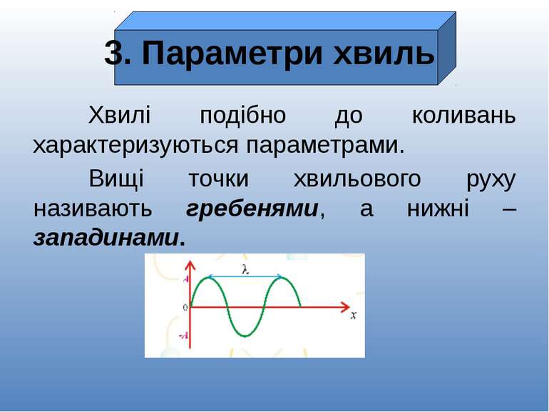 3. Параметри хвиль Хвилі подібно до коливань характеризуються параметрами. Ви...