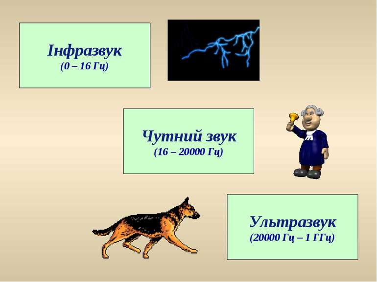 Чутний звук (16 – 20000 Гц) Ультразвук (20000 Гц – 1 ГГц) Інфразвук (0 – 16 Гц)