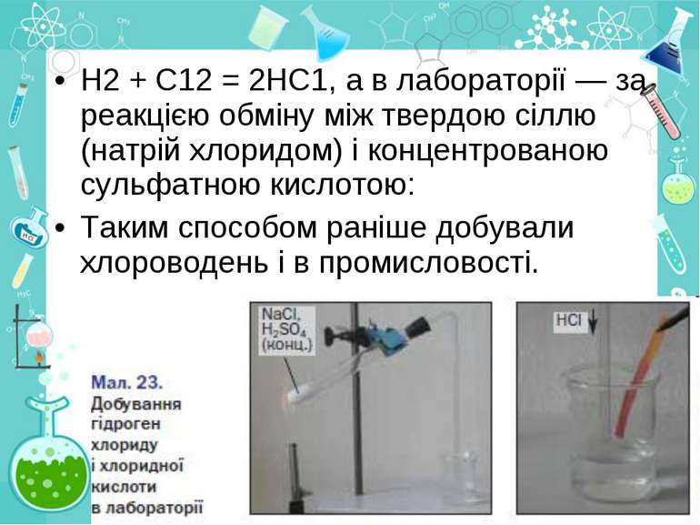 Н2 + С12 = 2НС1, а в лабораторії — за реакцією обміну між твердою сіллю (натр...