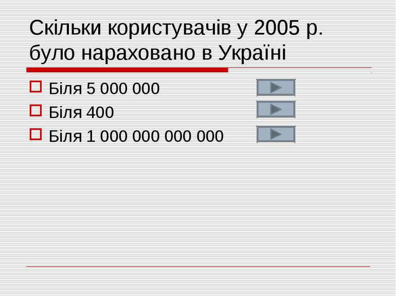 Скільки користувачів у 2005 р. було нараховано в Україні Біля 5 000 000 Біля ...