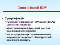 Типи інфекції HDV Суперінфекція Результат інфікавання HDV носіїв HBsAg (хроні...
