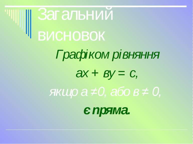 Загальний висновок Графіком рівняння ах + ву = с, якщо а ≠0, або в ≠ 0, є пряма.