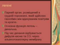 легені Парний орган, розміщений в грудній порожнині, який здійснює газообмін ...