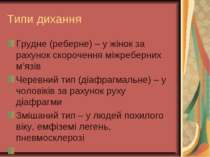 Типи дихання Грудне (реберне) – у жінок за рахунок скорочення міжреберних м’я...