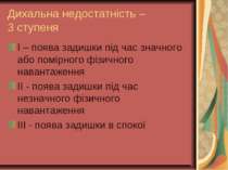 Дихальна недостатність – 3 ступеня І – поява задишки під час значного або пом...