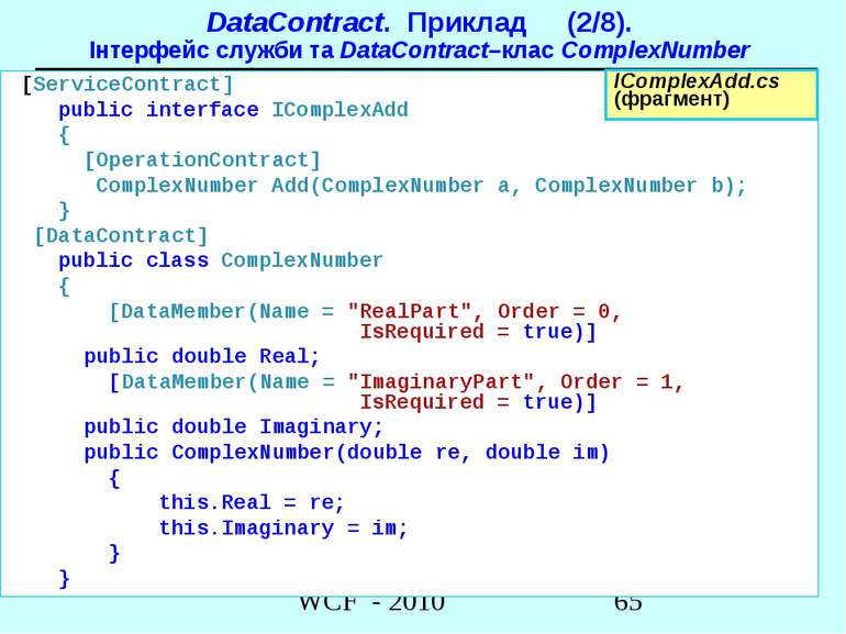 DataContract. Приклад (2/8). Інтерфейс служби та DataContract–клас ComplexNum...