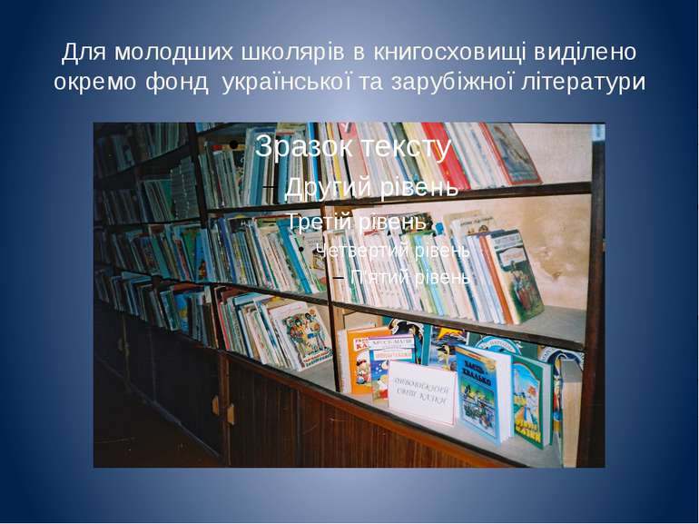 Для молодших школярів в книгосховищі виділено окремо фонд української та зару...