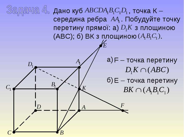 Дано куб , точка К – середина ребра . Побудуйте точку перетину прямої: а) з п...
