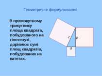 Геометричне формулювання В прямокутному трикутнику площа квадрата, побудовано...