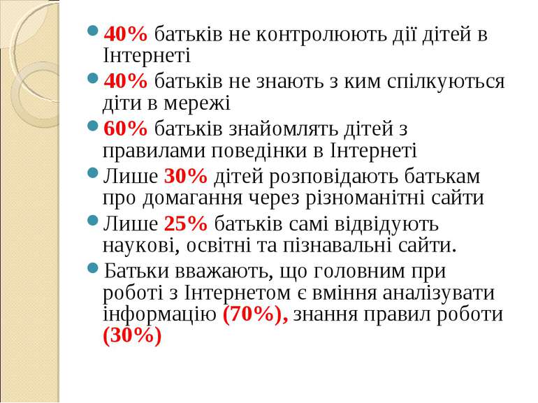 40% батьків не контролюють дії дітей в Інтернеті 40% батьків не знають з ким ...